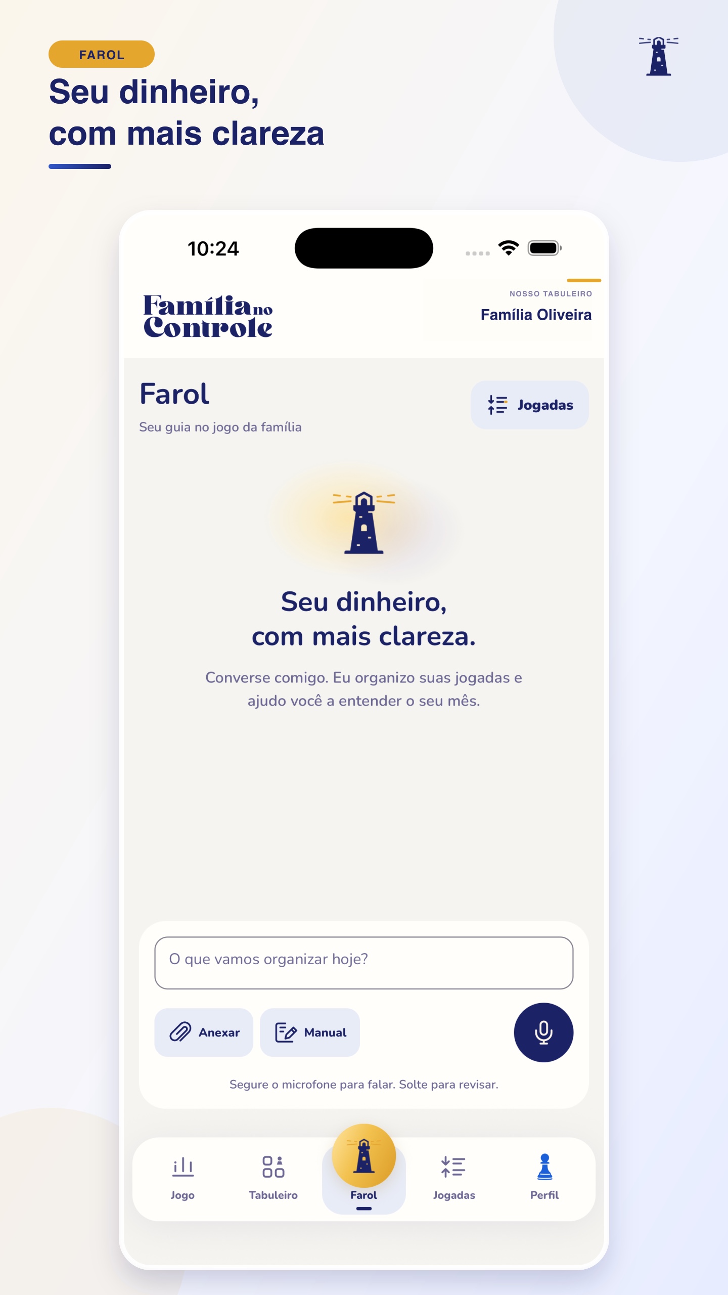 Tela atual do Farol para lançar despesas por voz, anexo ou preenchimento manual