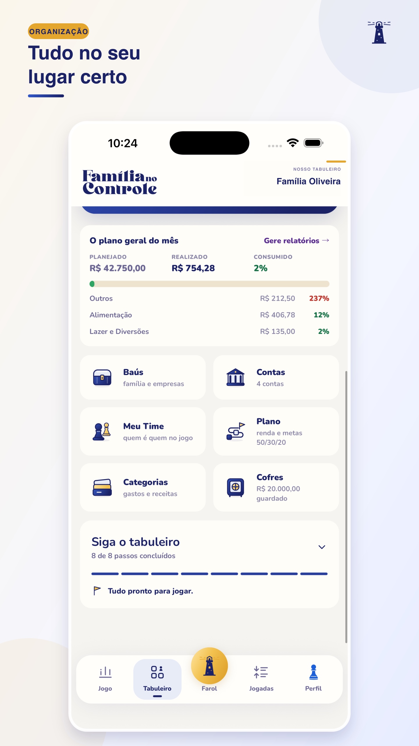 Tela atual de organização de baús, contas, pessoas, plano, categorias e cofres