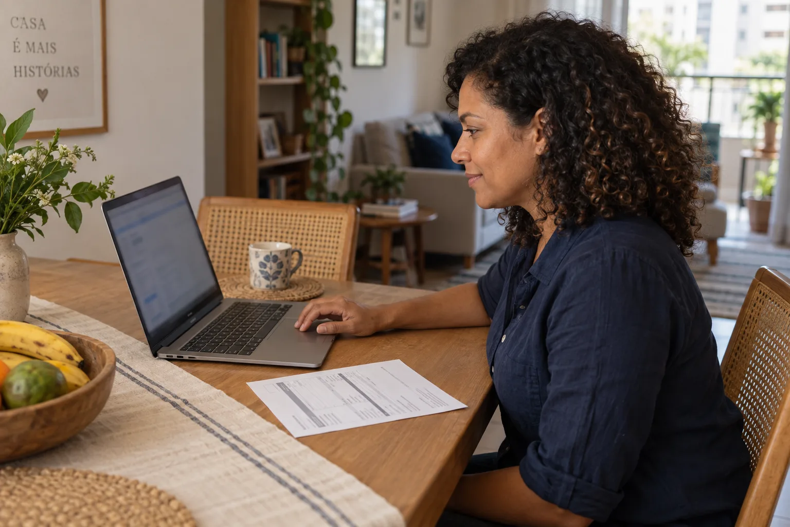 Mulher conferindo um extrato bancário ao lado do notebook em casa