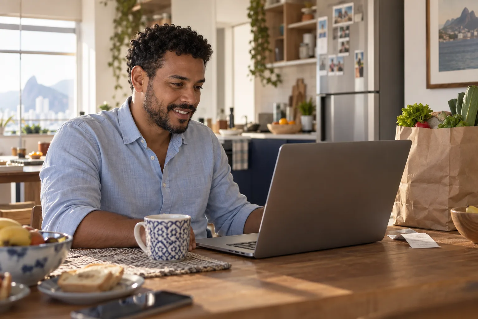 Homem conversando com um assistente de inteligência artificial no notebook em casa