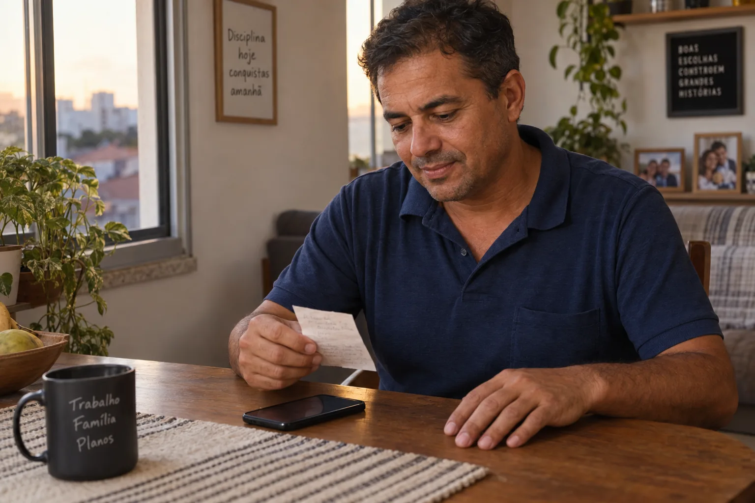 Trabalhador conferindo um recibo simples com o celular ao lado